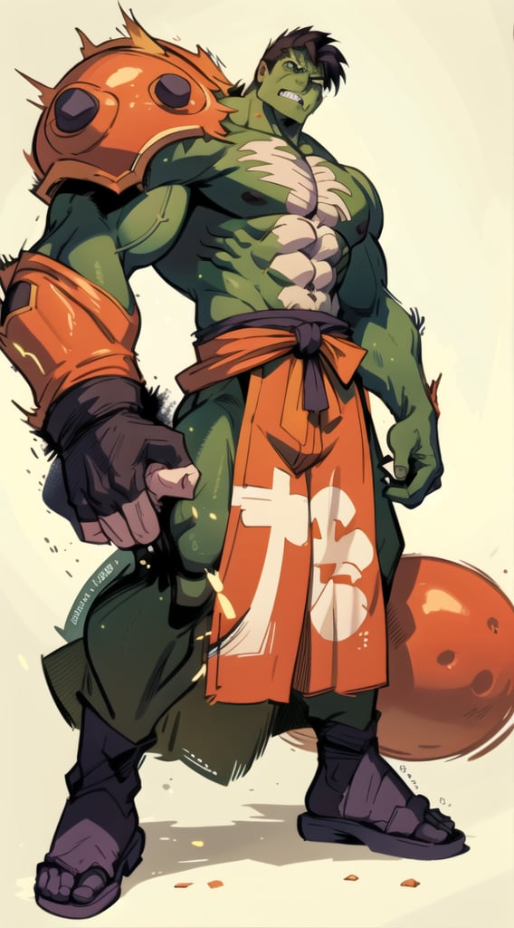 Son Goku's Incredible Hulk: A Close-Up Portrait. In a bold, traditional Japanese style, Son Goku's face is transformed into the Incredible Hulk, with green skin and sharp teeth. Inspired by Gatōken Shunshi's portraits, Kanō Hōgai's realistic depictions, and Shunkōsai Hokushū's detailed illustrations, this image features high detail and an iconic character. The intense gaze and clenched fists convey a sense of strength and power. Framed against a dark background, the green hue of Goku's skin and the Incredible Hulk's veins pop with vivid color. Sharply lit from the left, the portrait exudes energy and dynamism. magnificent, masterpiace, UHD, 8K resolution.