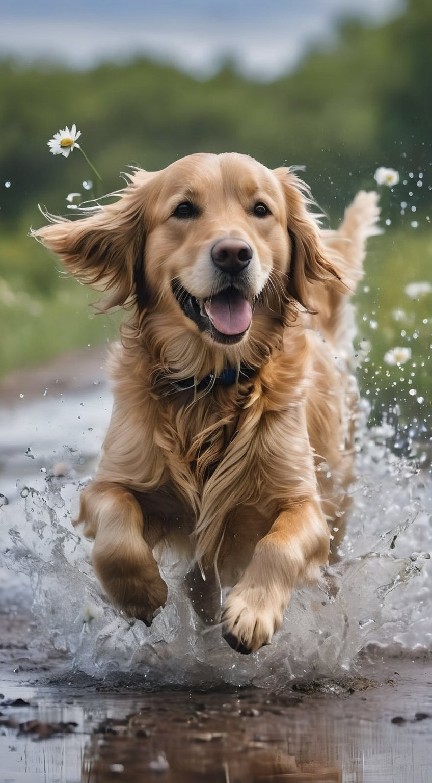 there is a dog running through a puddle of water with a daisy in its mouth, golden retriever, happy dog, wet fur, full of golden layers, splashing, golden hair blowing the wind, running freely, playing with the water, beautiful and smiling, cute dog, having a good time, having a great time, happy and smiling, bubbly