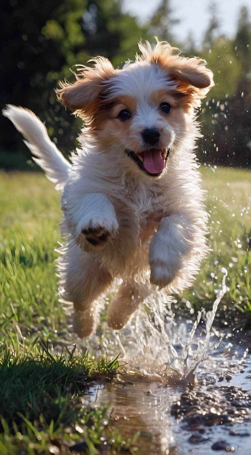 there is a small dog running through a puddle of water, playing with the water, aww, running freely, puppy, jumping for joy, leaping, absolutely outstanding image, happy dog, he is very happy, having a great time, extremely happy, excited, having a good time, on a sunny day, cute dog, puppies, very excited, pure joy