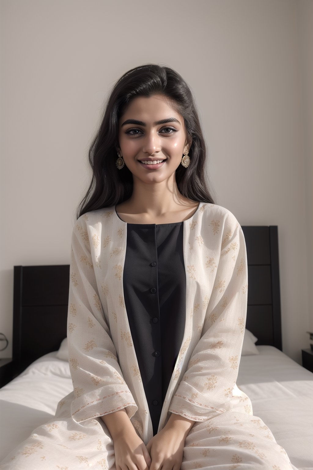  A stunning 18-year-old pakistani beauty,,sit in his bed room with piercing black eyes and a radiant smile, captured in hyper-realistic detail. She is dressed in a white printed shalwar kameez