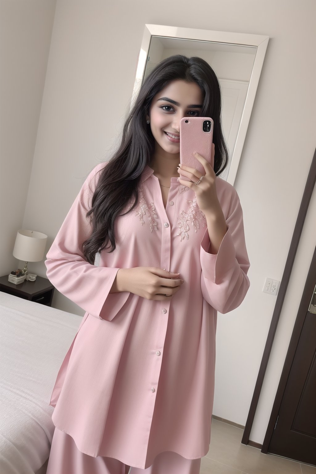  A stunning 18-year-old pakistani beauty,,small tits taking a mirror selfie in his bed room with piercing black eyes and a radiant smile, captured in hyper-realistic detail. She is dressed in a stylish pink and red kameez shalwar, .