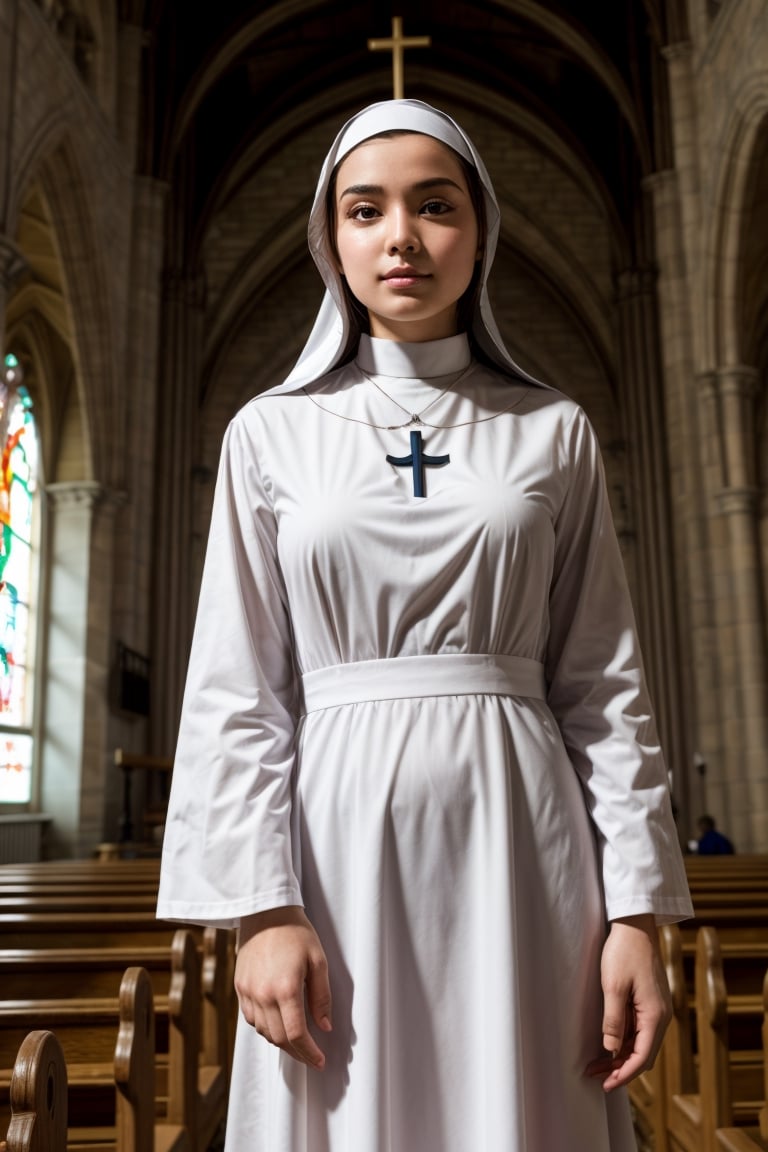 
a girl dressed as a nun in the church, looking at the viewer, different poses, different angles