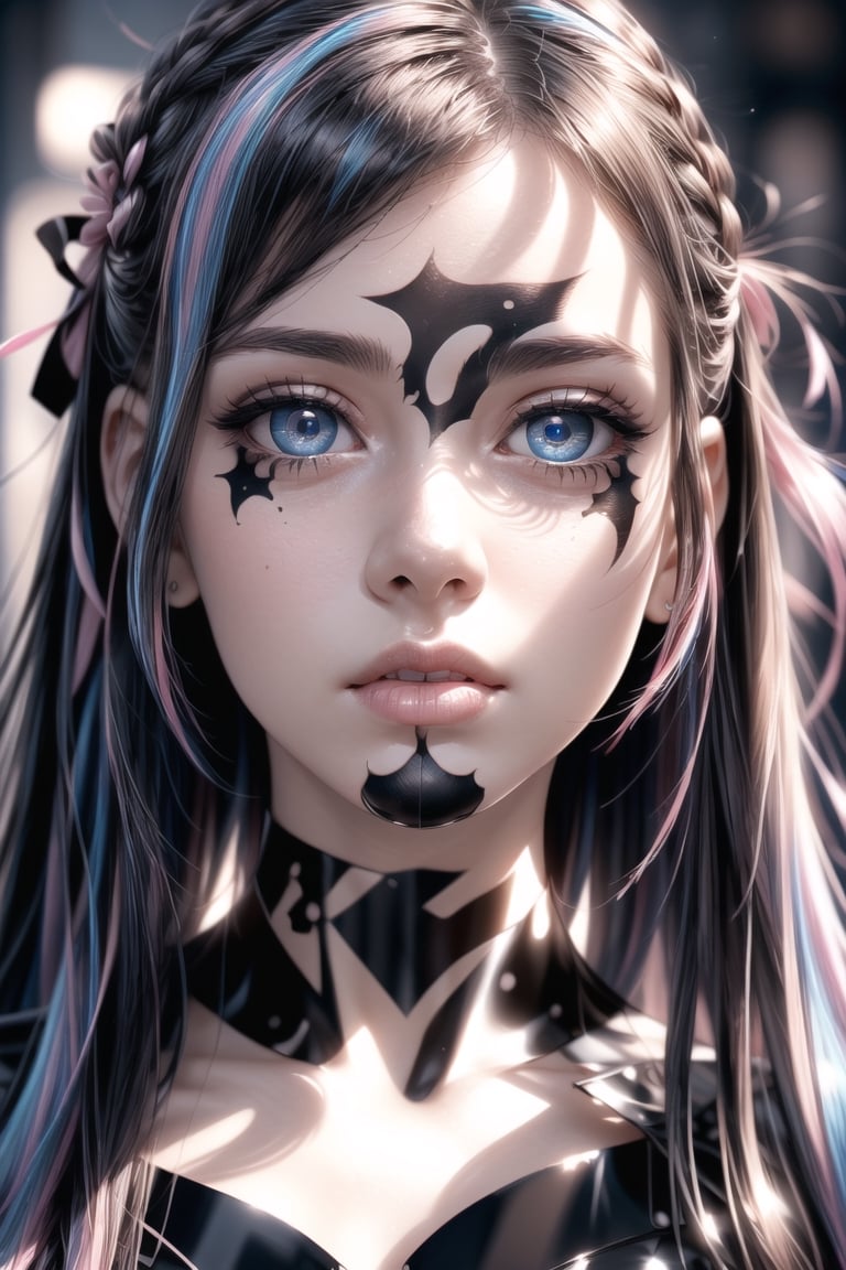 Masterpiece, ((1girl)), ((solo)), half body, details, (long straight hair), ((blue-pink hair: 0.8)), big eyes, (beautiful detailed eyes), (detailed face) , (extremely detailed CG, ultra detailed, best shadow), ((depth of field)),1 girl