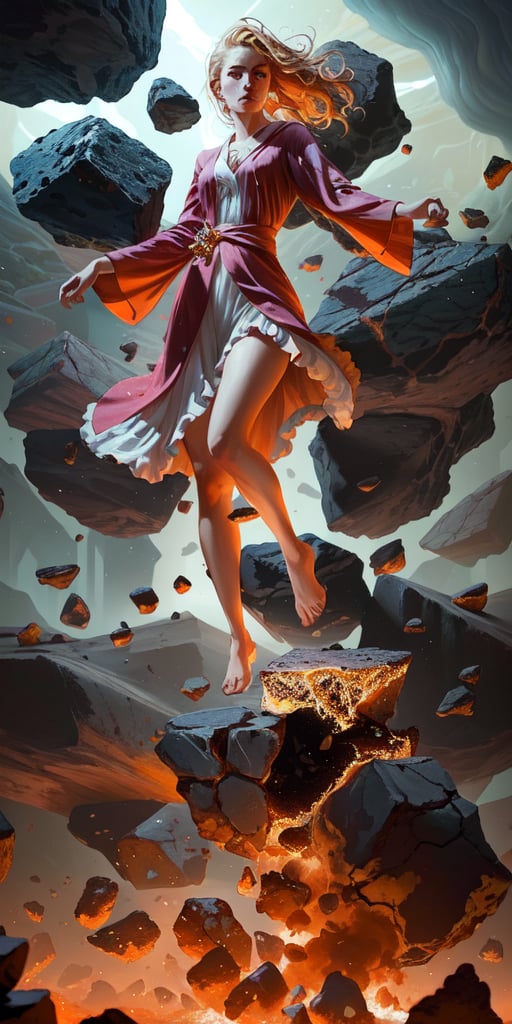 A close-up shot of a woman's face, dressed in flowing attire, amidst the chaos of falling rocks. Her features are illuminated by an eerie lava glow seeping from beneath the rubble. The composition is tense, with her gaze fixed intently on some unknown point. The framing is tight, emphasizing her vulnerability. The lighting is moody, with deep shadows accentuating the textures of her dress and the rocky debris. In the style of Peter Mohrbacher, Ross Tran, and Michael Whelan, this digital artwork by Cyril Rolando embodies a sense of foreboding and mystique, characteristic of C2O's (Peter Mohrbacher) artistic vision.