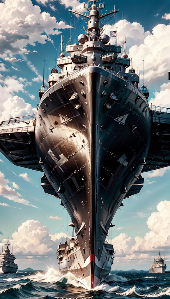 there is a large battleship floating in the air with a sky background, yamato, kirokaze, konpeki no kantai, kancolle, kantai collection style, flying ships in the background, kirokaze and paul robertson, warship, seen from below, fujita goro!, screenshot from a 2012s anime
