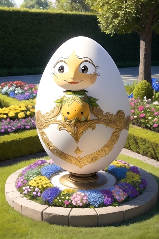 there is a huge painted egg in the middle of a flower bed, he has a big egg, ornate egg, awesome colore on easter egg, humpty dumpty in form of egg, incredible masterpiece