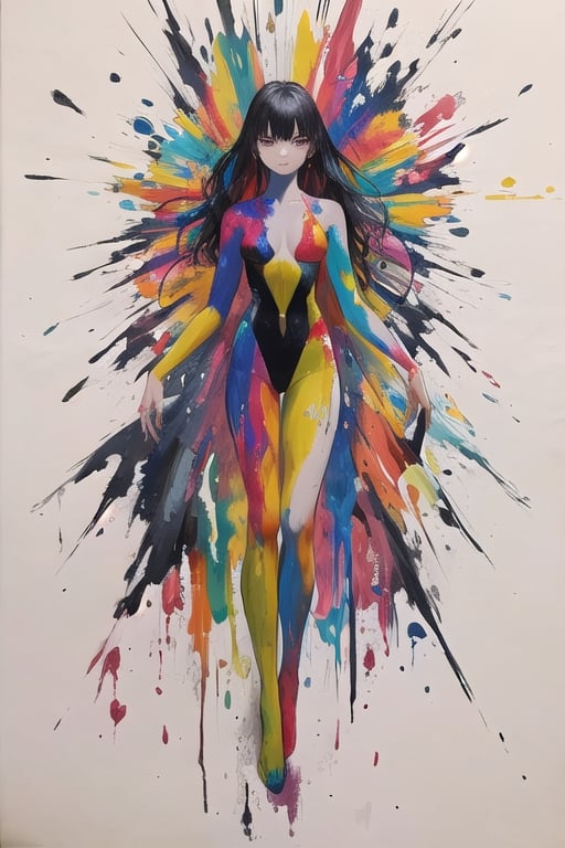 an artistic painting, half body woman made of paint strip, colorful, dynamic, Something,Leonardo Style