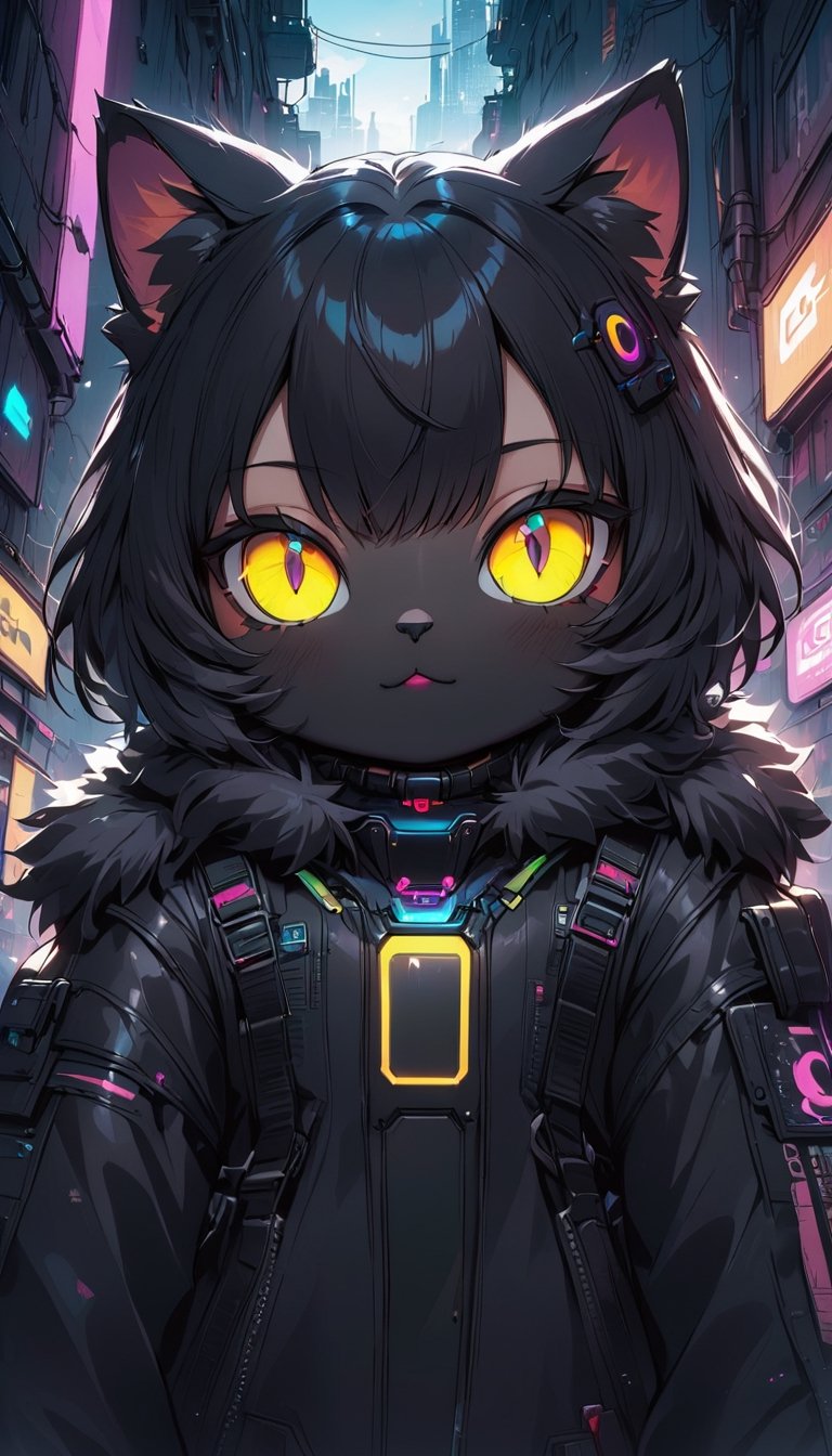 Photo of A cute black (cat), cyberpunk, , POV, detailed (fur), humanoid