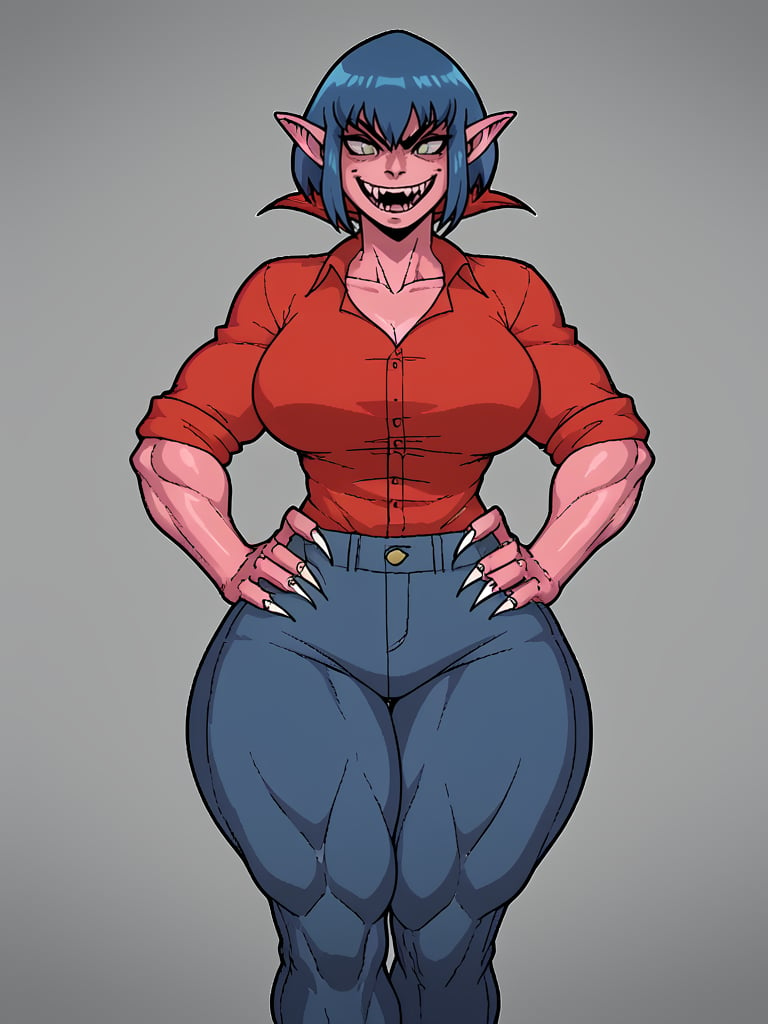 woman, pink skin, short silky blue hair, standing hair, big yellow eyes, sharp fangs, pointed ears, smile, sharp claws, snake coke, muscular, psychopath, big breasts, big hips, big ass, big thighs, red shirt , sleeves rolled up, blue pants, graden feet