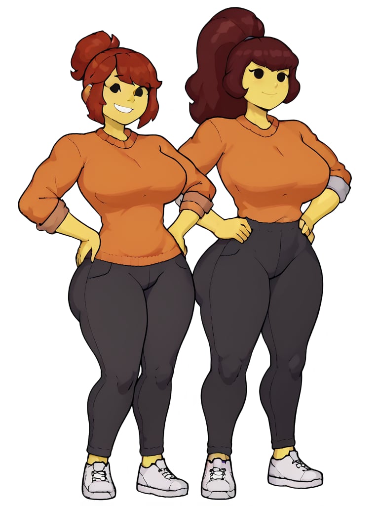 women, yellow skin, hair with red ponytail, big black eyes, smiling, flat abdomen with curves, big breasts, big hips, big ass, big thighs, orange sweater, rolled up sleeves, black pants, white sneakers , hands behind hips