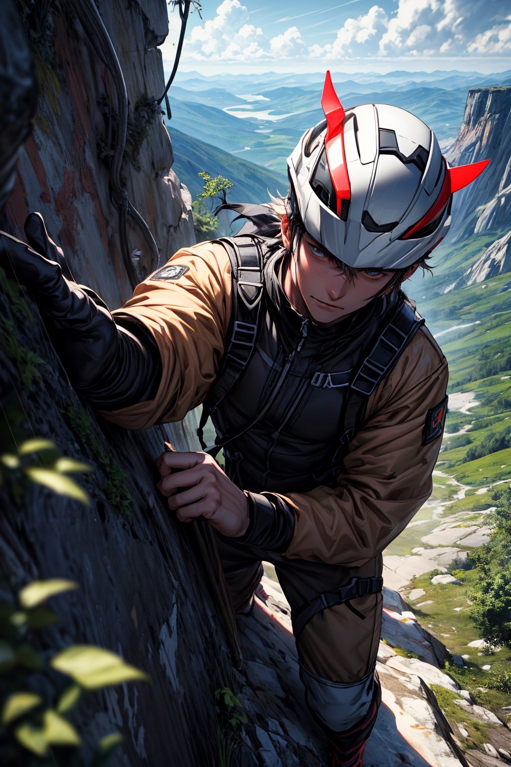 Highly detailed, masterpiece, high quality, beautiful, high resolution, original, 8k high definition 1man anime style image of a 20 year old boy, climbing a mountain, wearing black and white climbing equipment, a male face and a White helmet. with some strands of roado hair escaping from the helmet, on a mountain made of earth and stone with vegetation growing on it, the view is from above, highly detailed face, handsome face, sexy guy, look with concern, gray cloudy day in the first It's even raining, with some mud, the character sees the viewer