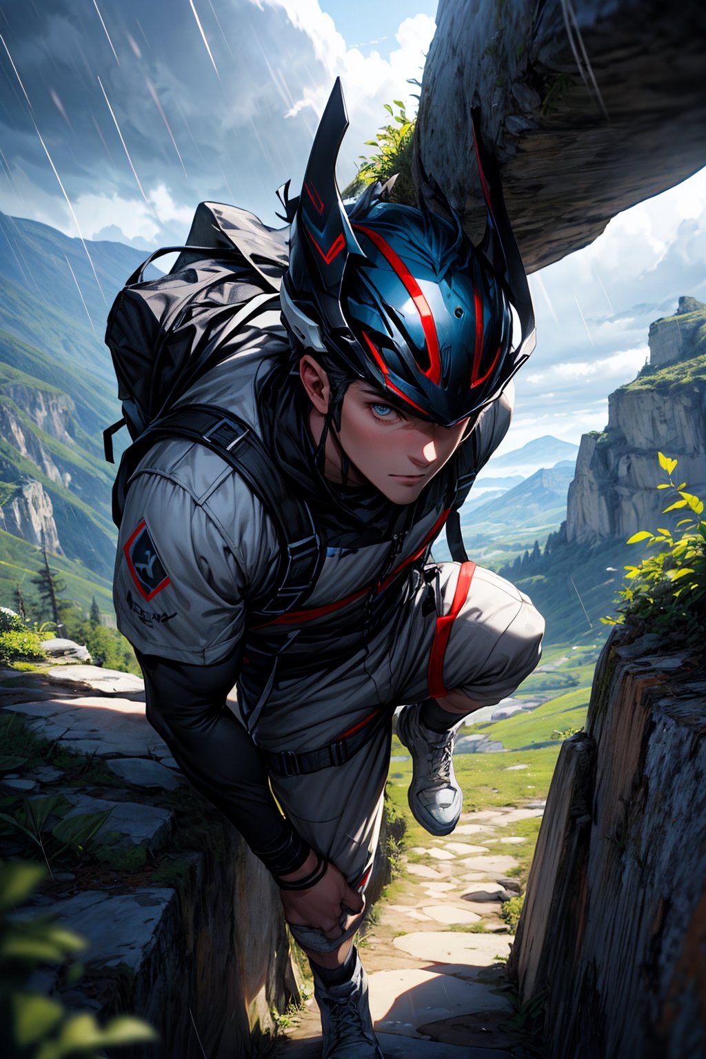 Highly detailed, masterpiece, high quality, beautiful, high resolution, original, 8k high definition 1man anime style image of a 20 year old boy, climbing a mountain, wearing black and white climbing equipment, a male face and a White helmet. with some strands of roado hair escaping from the helmet, on a mountain made of earth and stone with vegetation growing on it, the view is from above, highly detailed face, handsome face, sexy guy, look with concern, gray cloudy day in the first It's even raining, with some mud, the character sees the viewer,