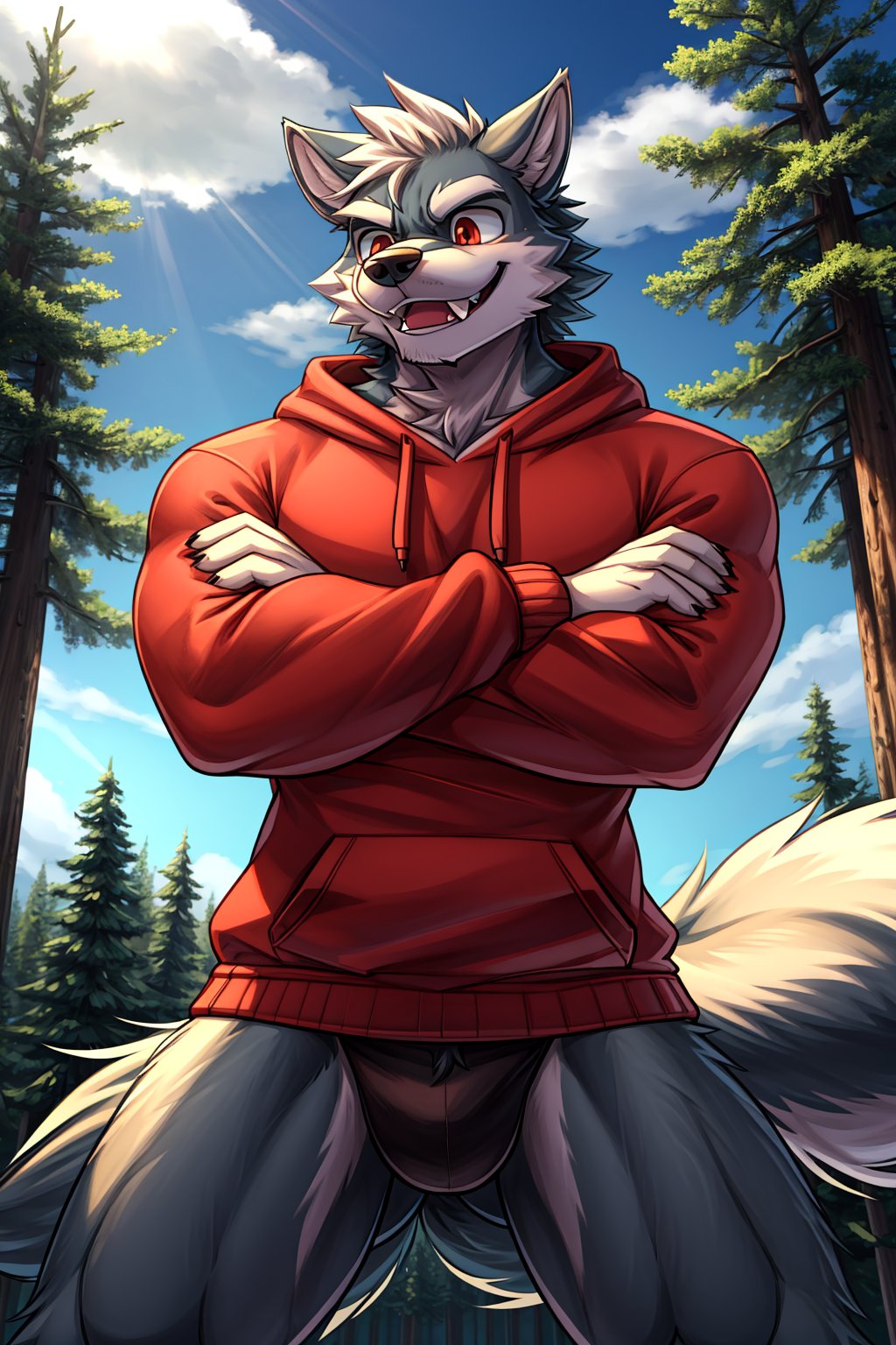 Highly detailed, illustration, animation, 2d, best quality, 4k, masterpiece: 1.2, high resolution, ultra detailed, detailed, furry, detailed illustration, furry drawing, (medium shot) mature wolf, muscular, wears sweatshirt, funny attitude, He is not wearing pants, he is standing in a funny pose, he smiles showing his fangs. He has his arms crossed, in a position demonstrating strength and toughness. In the background you can see the coniferous forest.