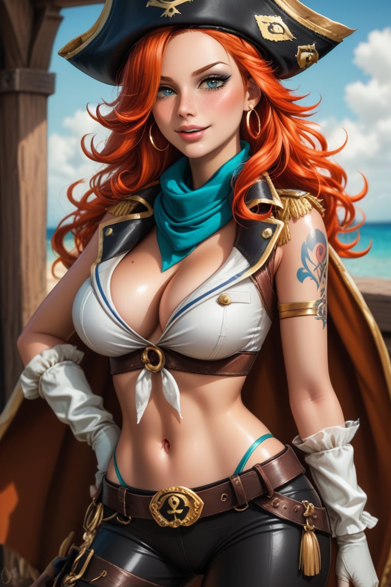 Physical: Miss Fortune stands out for her athletic and curvy figure, a product of her training as a pirate and bounty hunter.
Hair: Her fiery red hair, long and wavy, frames her face with a natural rebellion, often adorned with a pirate scarf or elaborate braids.
Eyes: Her intense sapphire eyes radiate cunning and determination, capable of intimidating any enemy.
Clothing: Her clothing style reflects her dual nature of pirate and noble. She usually wears a tricorn pirate hat, a low-cut blouse that shows off her tattoos, and tight leather pants.