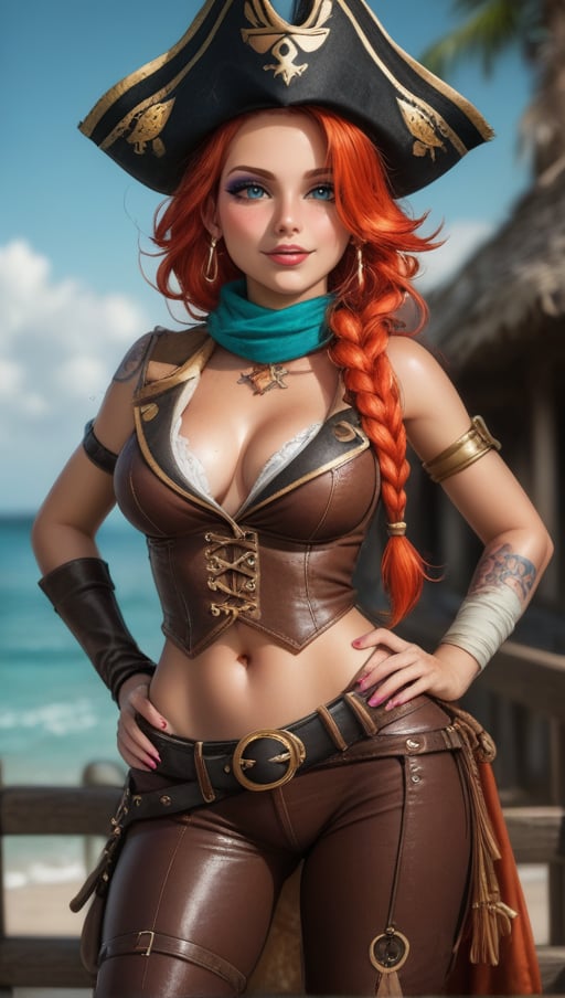 Physical: Miss Fortune stands out for her athletic and curvy figure, a product of her training as a pirate and bounty hunter.
Hair: Her fiery red hair, long and wavy, frames her face with a natural rebellion, often adorned with a pirate scarf or elaborate braids.
Eyes: Her intense sapphire eyes radiate cunning and determination, capable of intimidating any enemy.
Clothing: Her clothing style reflects her dual nature of pirate and noble. She usually wears a tricorn pirate hat, a low-cut blouse that shows off her tattoos, and tight leather pants.