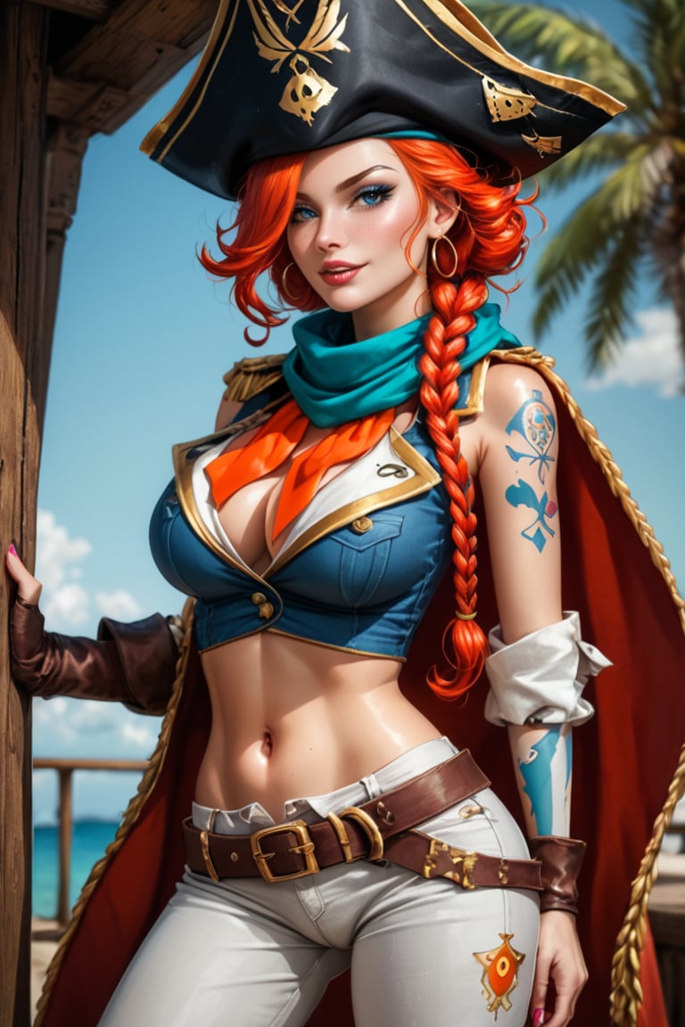 Physical: Miss Fortune stands out for her athletic and curvy figure, a product of her training as a pirate and bounty hunter.
Hair: Her fiery red hair, long and wavy, frames her face with a natural rebellion, often adorned with a pirate scarf or elaborate braids.
Eyes: Her intense sapphire eyes radiate cunning and determination, capable of intimidating any enemy.
Clothing: Her clothing style reflects her dual nature of pirate and noble. She usually wears a tricorn pirate hat, a low-cut blouse that shows off her tattoos, and tight leather pants.