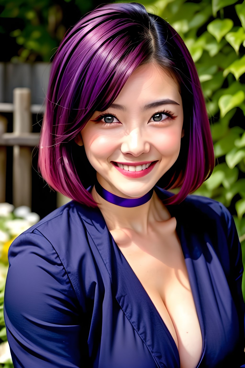 (best quality, ultra detailed), ((full-face blush)), (detailed background:1.2), (perfect face, detailed face), looking at viewer, (mature female:1.4), smile jirou_kyouka, short hair, blunt bangs, purple hair, shirt, navel, choker, collarbone, jacket, purple eyes, medium breasts(garden, outdoors, sitting )  