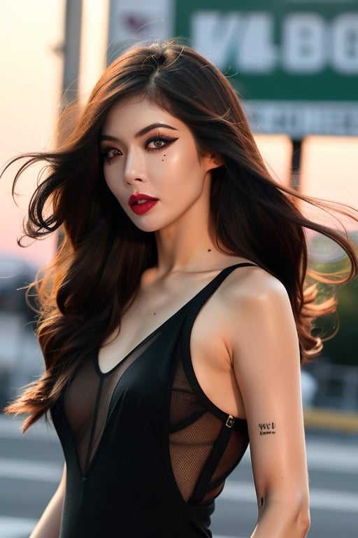  Hyuna_V1,, (realistic), (hyperrealism), (photorealistic:1.4), 1girl, looking at the viewer, eye makeup, detailed eyes, detailed face, (upper body:1.2), detailed background, black dress, walking at the streets, sunset, (windy:1.2)