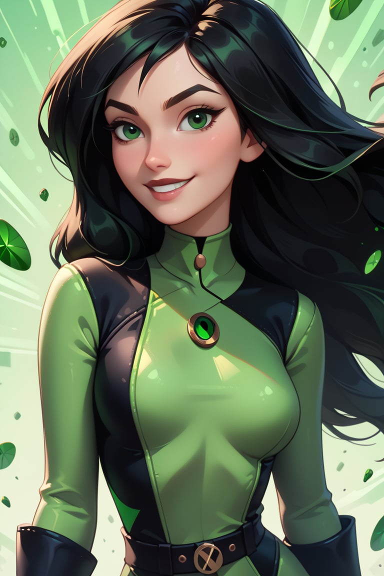 taylor swift ,score_9, score_8_up, score_7_up, score_6_up, score_5_up, score_4_up  shego, black gloves, black hair, bodysuit, smile, green bodysuit, green eyes, green theme, long hair,  portrait, solo,     zPDXL 