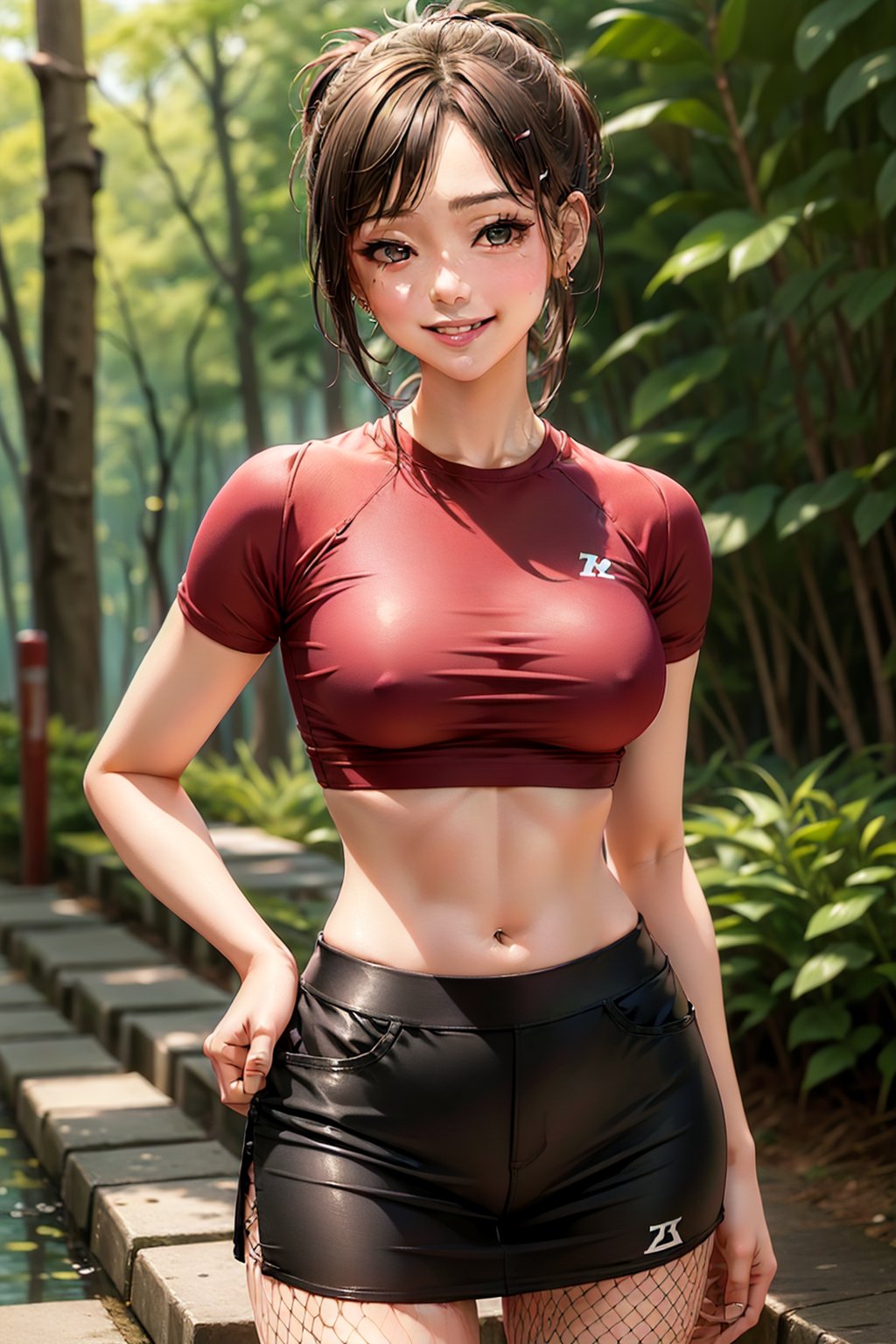 (masterpiece, best quality:1.2), solo, 1girl, yamanaka ino, smile, looking at viewer, hair over one eye, ponytail, hairclip, crop top, skirt, fishnets, earrings, midriff, forest ,yamanaka ino,clothing_inner_view