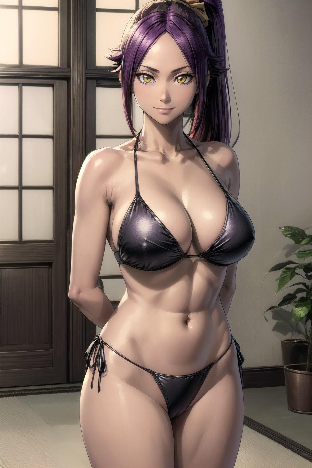 masterpiece, best quality, highres, collarbone, , indoors, cowboy shot, standing, smile, string bikini, black_string_bikini, arms behind back, curvy_figure , yoruichi shihouin, long hair, yellow eyes, ponytail, purple hair, ,dark-skinned female