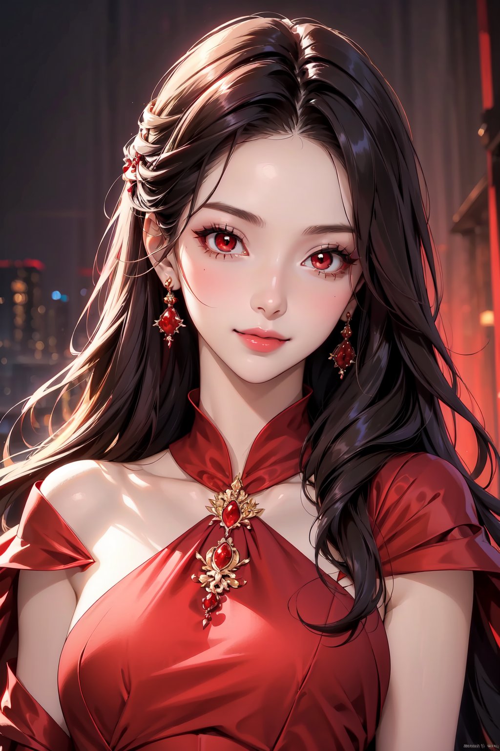 Beautiful girl. She is very badass. She's wearing a beautiful red evening dress. The background of the picture is a luxurious city. Detailed eyes, detailed image, detailed skin; tender smile. Himecut hairstyle, black long hair, golden hairpin. red eyes. Proportional and beautyful body. It's nightime.