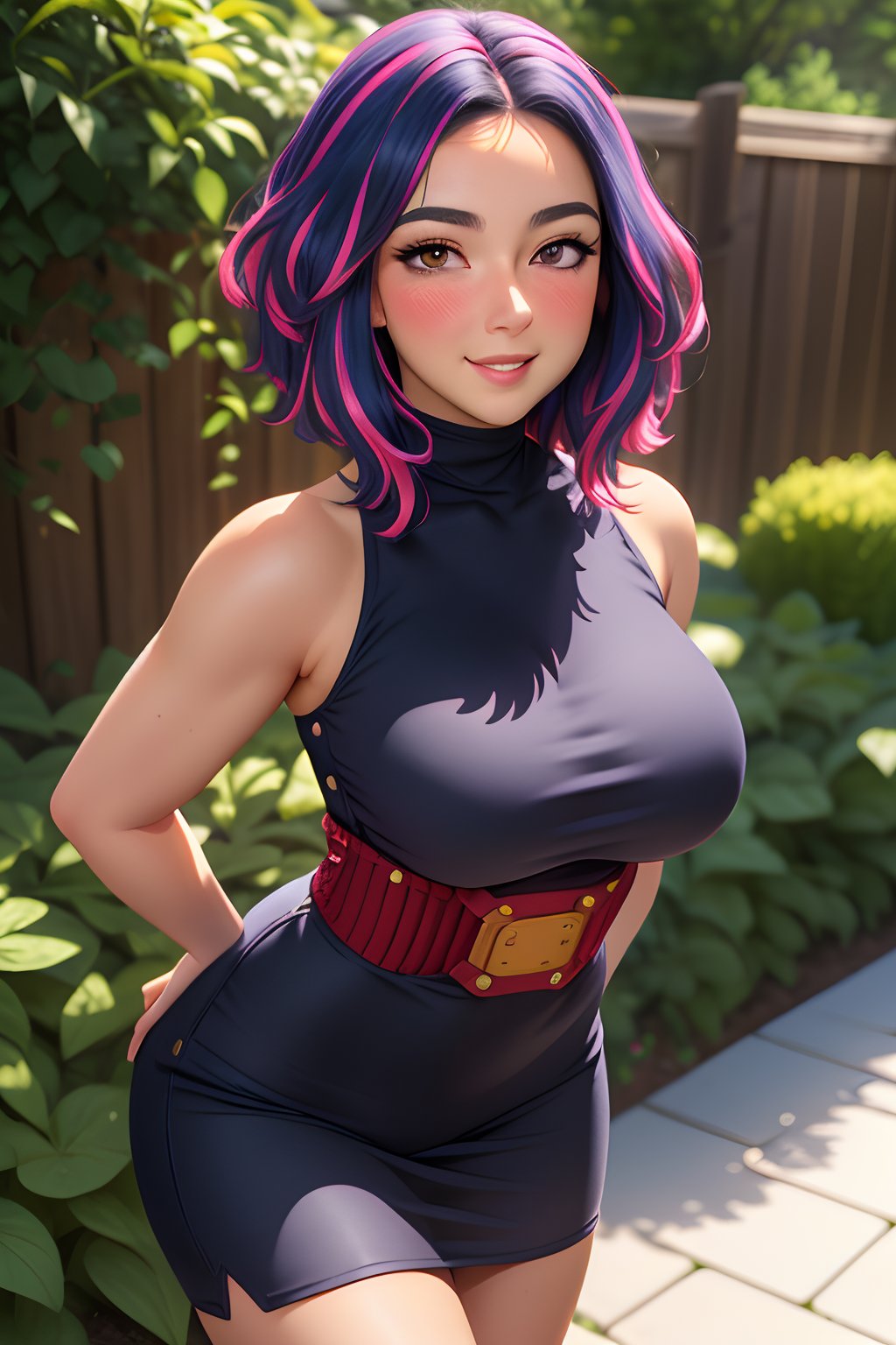 (best quality, ultra detailed), ((full-face blush)), (detailed background:1.2), (perfect face, detailed face), looking at viewer, (mature female:1.4), smile lady_nagant, large breasts, short hair, sleeveless, streaked hair, bare shoulders, medium hair, belt, dress, pink hair, boots(garden, outdoors, standing, arms behind back, leaning forward, )   