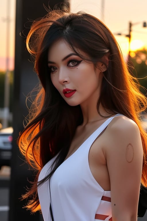  Hyuna_V1,, (realistic), (hyperrealism), (photorealistic:1.4), 1girl, looking at the viewer, eye makeup, detailed eyes, detailed face, (upper body:1.2), detailed background, black dress, walking at the streets, sunset, (windy:1.2)