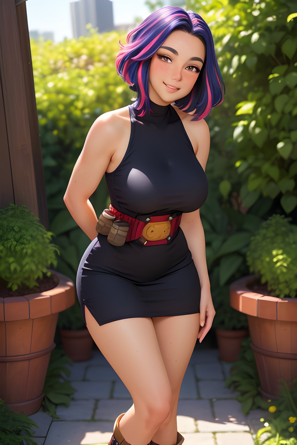 (best quality, ultra detailed), ((full-face blush)), (detailed background:1.2), (perfect face, detailed face), looking at viewer, (mature female:1.4), smile lady_nagant, large breasts, short hair, sleeveless, streaked hair, bare shoulders, medium hair, belt, dress, pink hair, boots(garden, outdoors, standing, arms behind back, leaning forward, )   