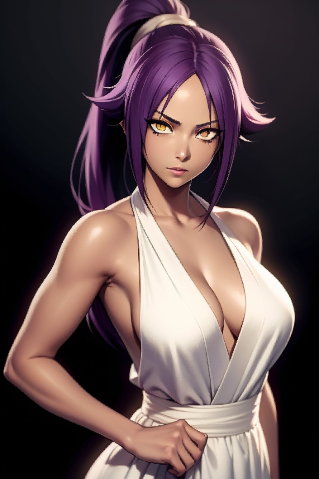  1girl, Yoruichi_Bleach, yellow eyes, ((Yoruichi Shihouin)), curvy_figure, white dress, perfect eyes, masterpiece, best quality, 4K, HDR, cinematiclighting,Yoruichi_Bleach,photorealistic,