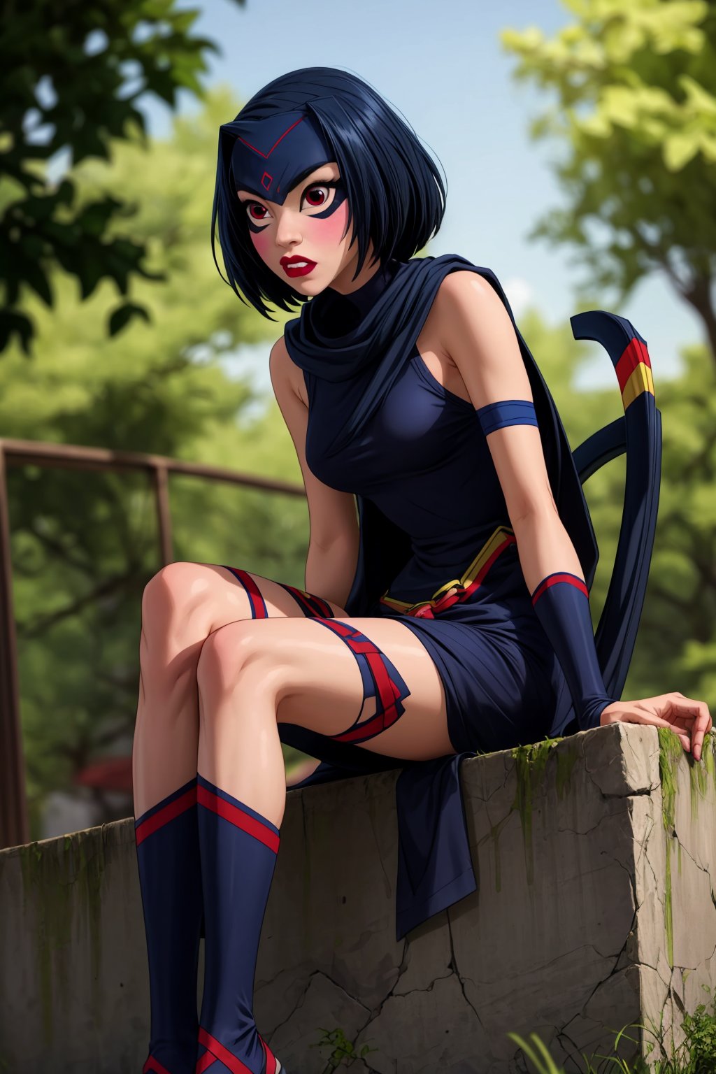 nar_kurenai_yuhi,forehead protector,bandages,sarashi,red eyes,makeup,lipstick,ninja,lipstick,fishnets,sitting,