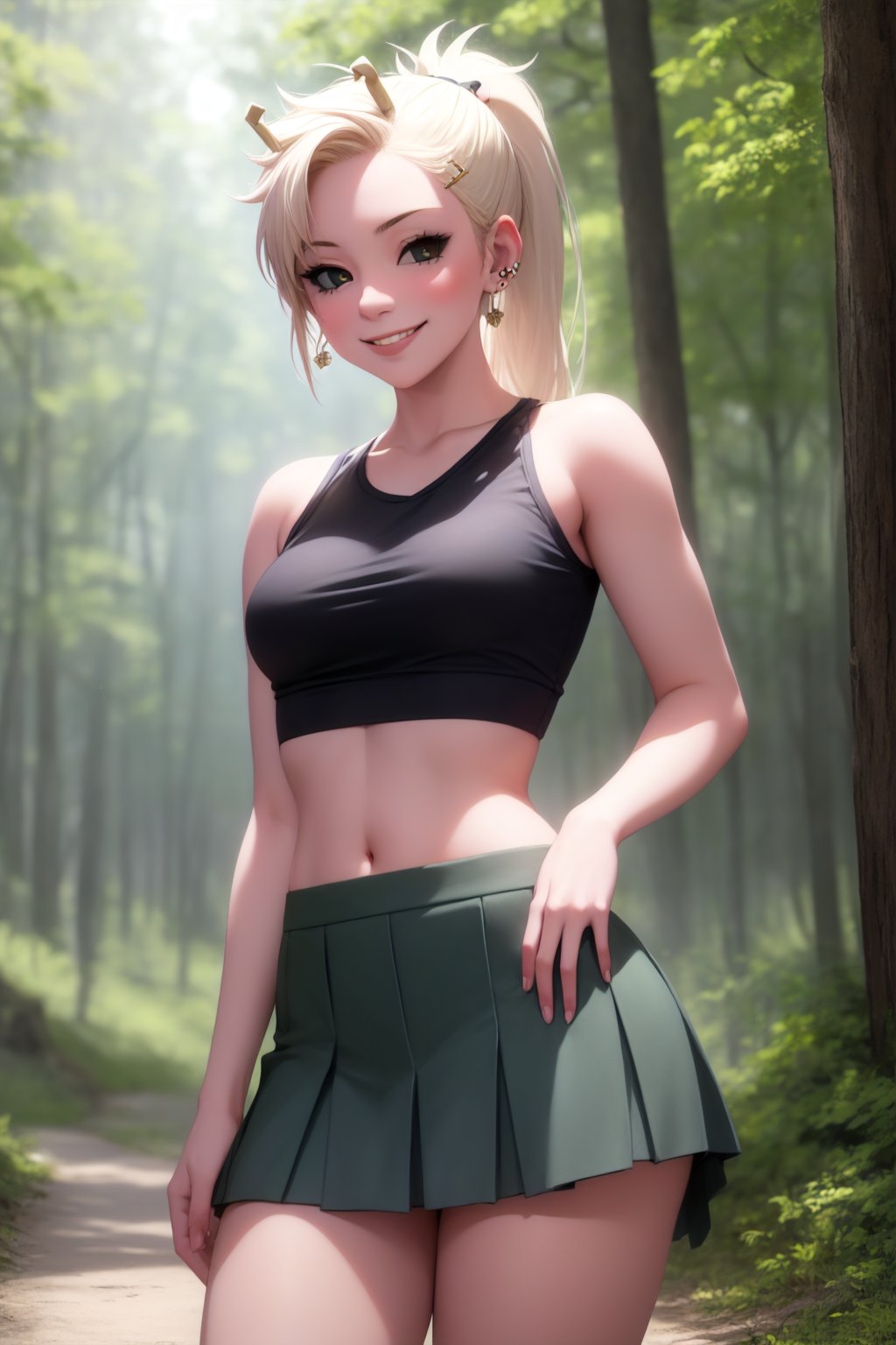 (masterpiece, best quality:1.2), solo, 1girl, yamanaka ino, smile, looking at viewer, hair over one eye, ponytail, hairclip, crop top, skirt, fishnets, earrings, midriff, forest ,yamanaka ino,clothing_inner_view