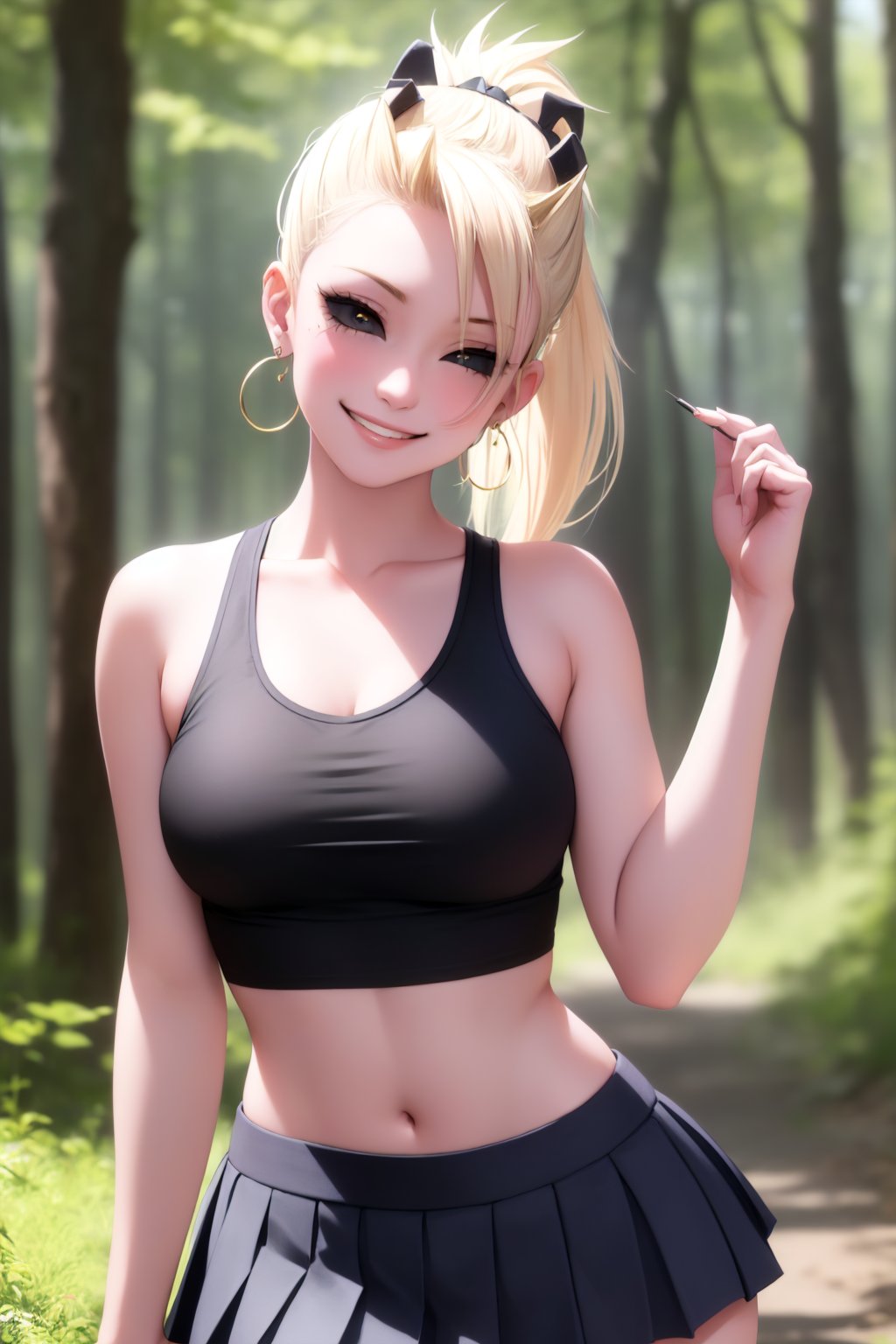 (masterpiece, best quality:1.2), solo, 1girl, yamanaka ino, smile, looking at viewer, hair over one eye, ponytail, hairclip, crop top, skirt, fishnets, earrings, midriff, forest ,yamanaka ino,clothing_inner_view