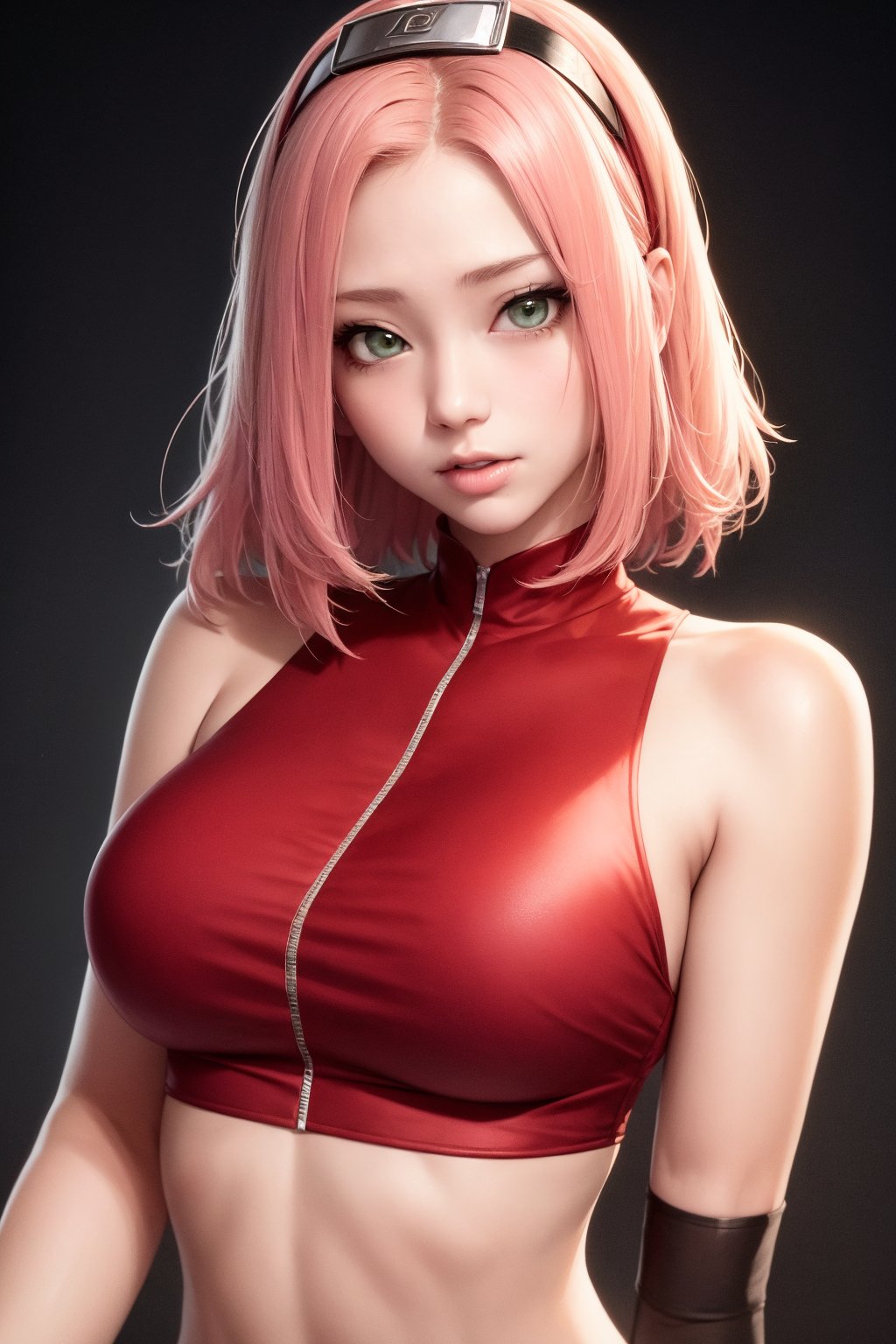 (masterpiece),
1girl, 
haruno sakura, 
floating hair, 
upper body shot,
HDR, highly detailed, 32k,
black background, 
((sexy mood)),
perfect face feature,
sexy red shirt,
konoha head band,
black_glove