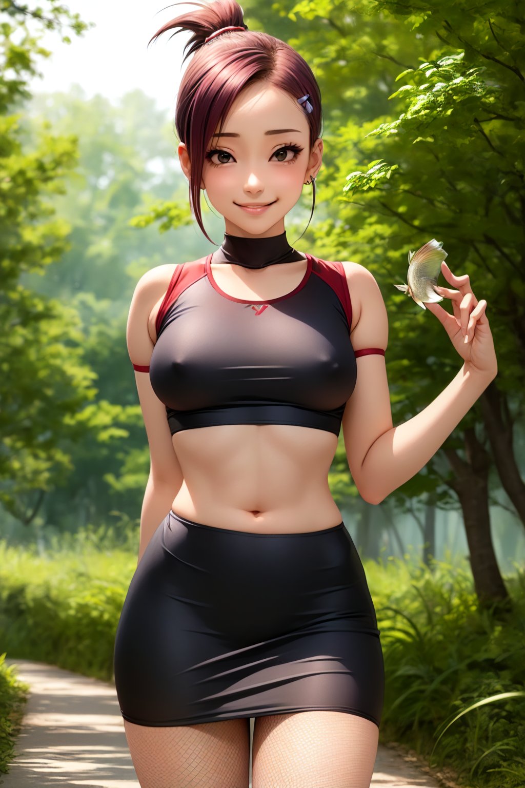 (masterpiece, best quality:1.2), solo, 1girl, yamanaka ino, smile, looking at viewer, hair over one eye, ponytail, hairclip, crop top, skirt, fishnets, earrings, midriff, forest ,yamanaka ino,clothing_inner_view