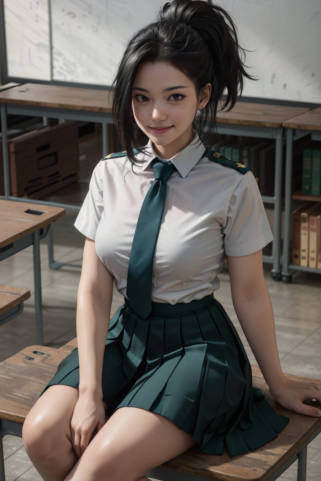 masterpiece, best quality, highres, 1girl, yaoyorozu momo, black hair, ponytail, hair pulled back, black eyes, large breasts, school uniform, white shirt, collared shirt, short sleeves, red necktie, green skirt,  classroom, sitting, desk, book, writing, smile