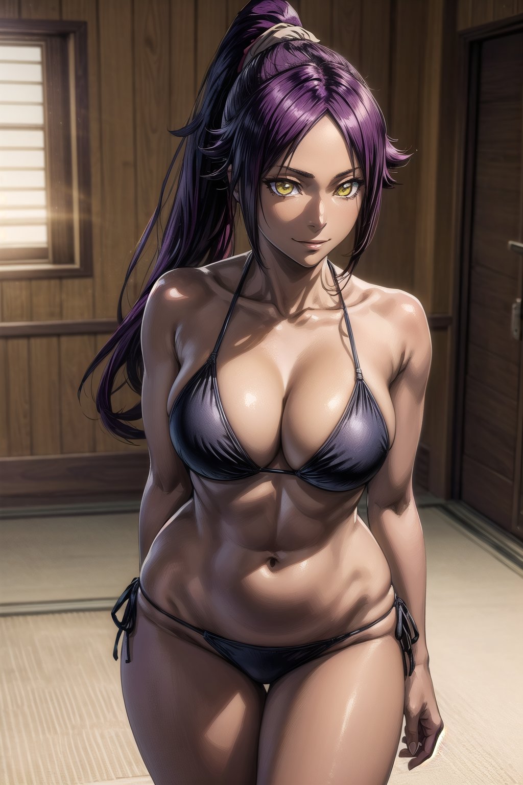 masterpiece, best quality, highres, collarbone, , indoors, cowboy shot, standing, smile, string bikini, black_string_bikini, arms behind back, curvy_figure , yoruichi shihouin, long hair, yellow eyes, ponytail, purple hair, ,dark-skinned female