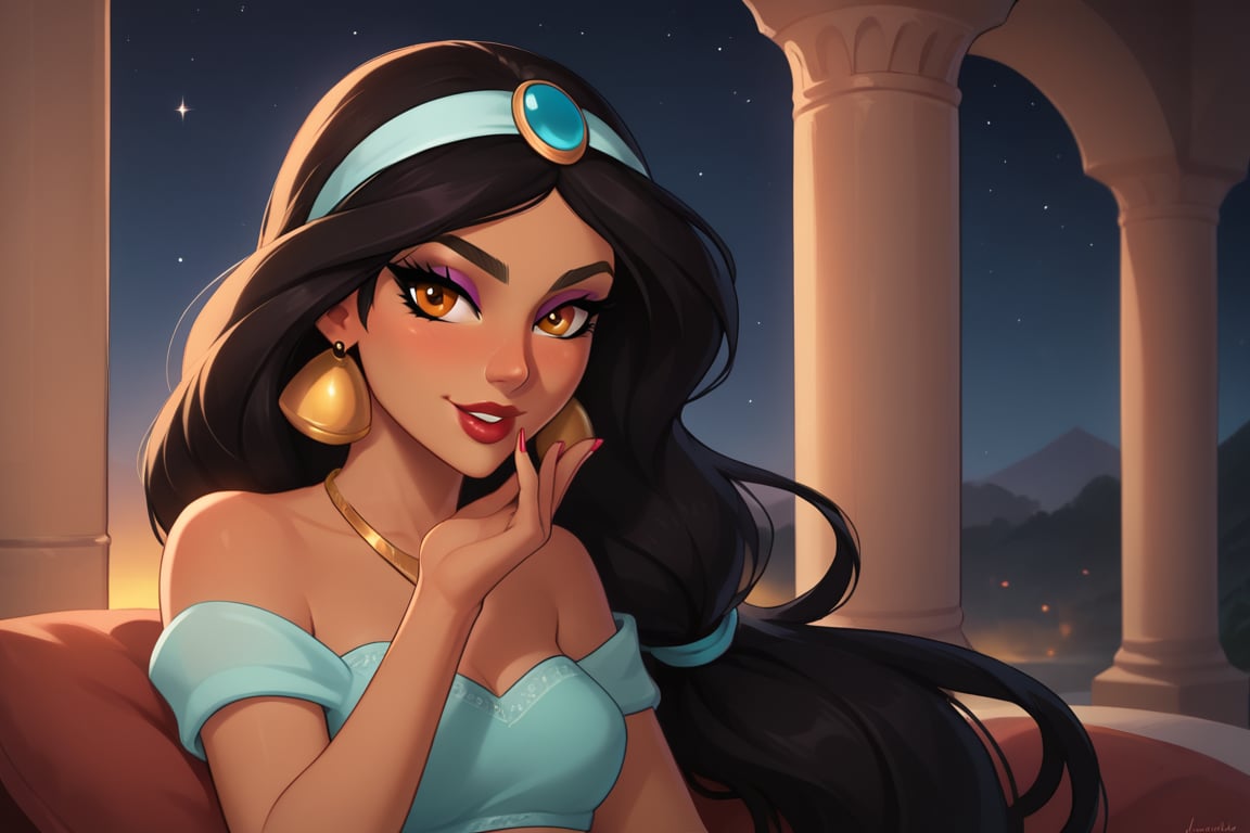 score_9, score_8_up, score_7_up, jasmine, dark_skin_female, eyelashes, ,JasmineWaifu,very long hair, arabian clothes, looking_at_viewer, soft_smile, black hair, night, starry sky,