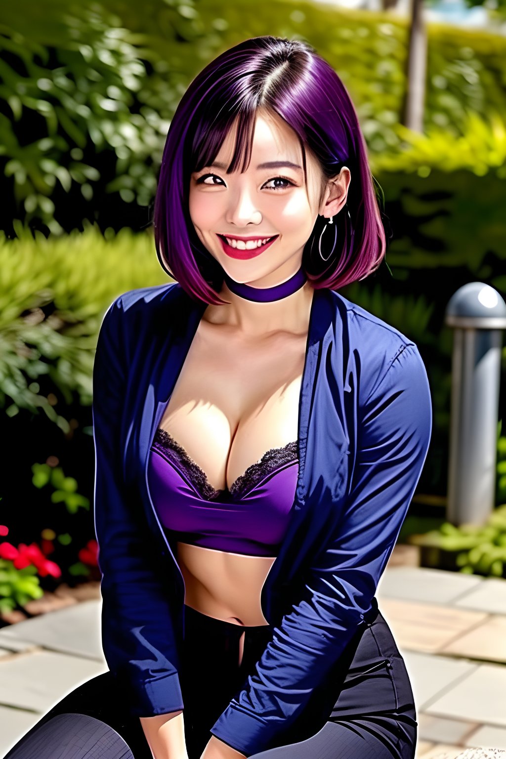 (best quality, ultra detailed), ((full-face blush)), (detailed background:1.2), (perfect face, detailed face), looking at viewer, (mature female:1.4), smile jirou_kyouka, short hair, blunt bangs, purple hair, shirt, navel, choker, collarbone, jacket, purple eyes, medium breasts(garden, outdoors, sitting )  