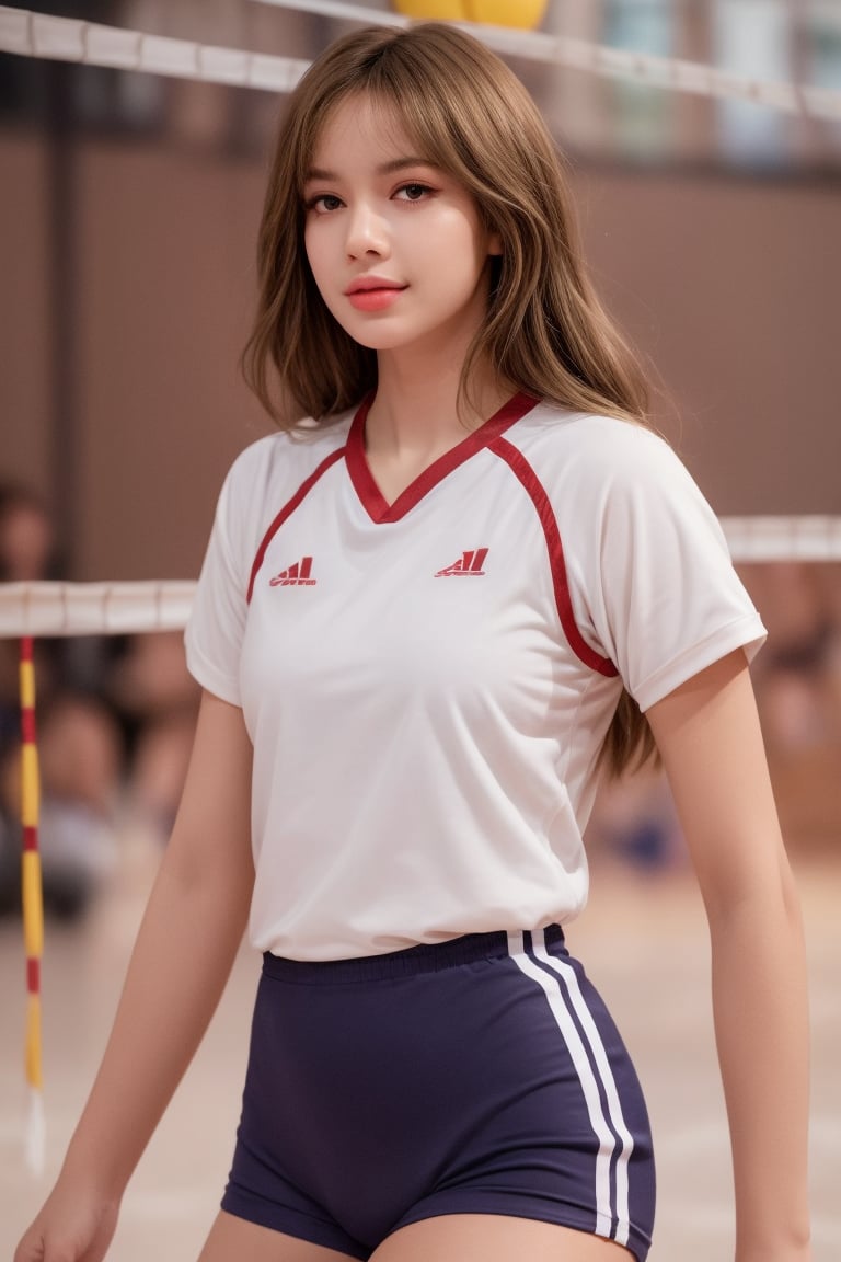 16K, HDR, masterpiece, a girl, (((brown hair, volleyball outfit))). Half-length side view, anime style illustration with hyper-realistic details, symmetrical face, provocative eyes and soft smile. Enhanced cinematic lighting, lens flare and bokeh effects. Influenced by the art of H.R. Giger and Beksinski, presented in pastel watercolors and vivid tones.,High detailed ,1 girl,lisa