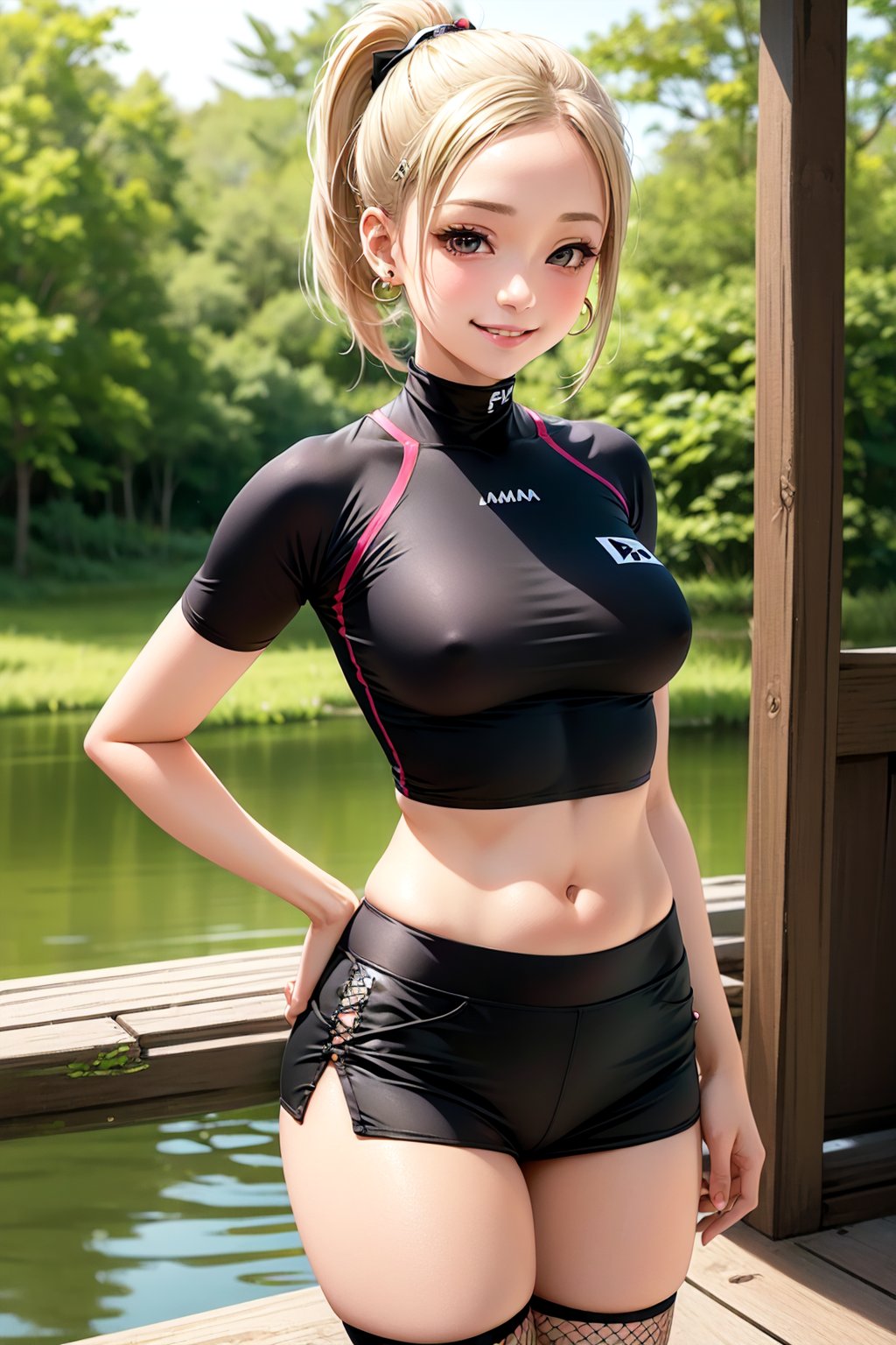 (masterpiece, best quality:1.2), solo, 1girl, yamanaka ino, smile, looking at viewer, hair over one eye, ponytail, hairclip, crop top, skirt, fishnets, earrings, midriff, forest ,yamanaka ino,clothing_inner_view