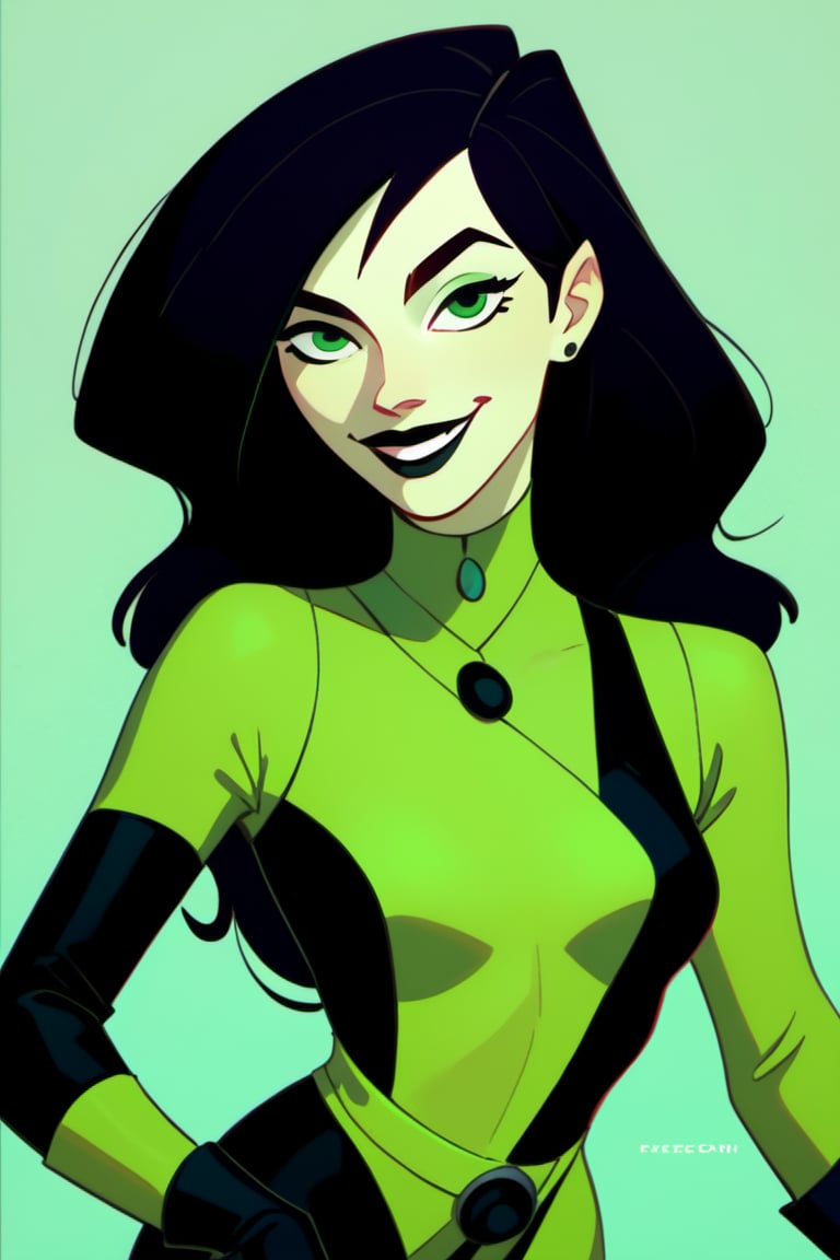 score_9, score_8_up, score_7_up, score_6_up, score_5_up, score_4_up  shego, black gloves, black hair, bodysuit, smile, green bodysuit, green eyes, green theme, long hair,  portrait, solo,     zPDXL 