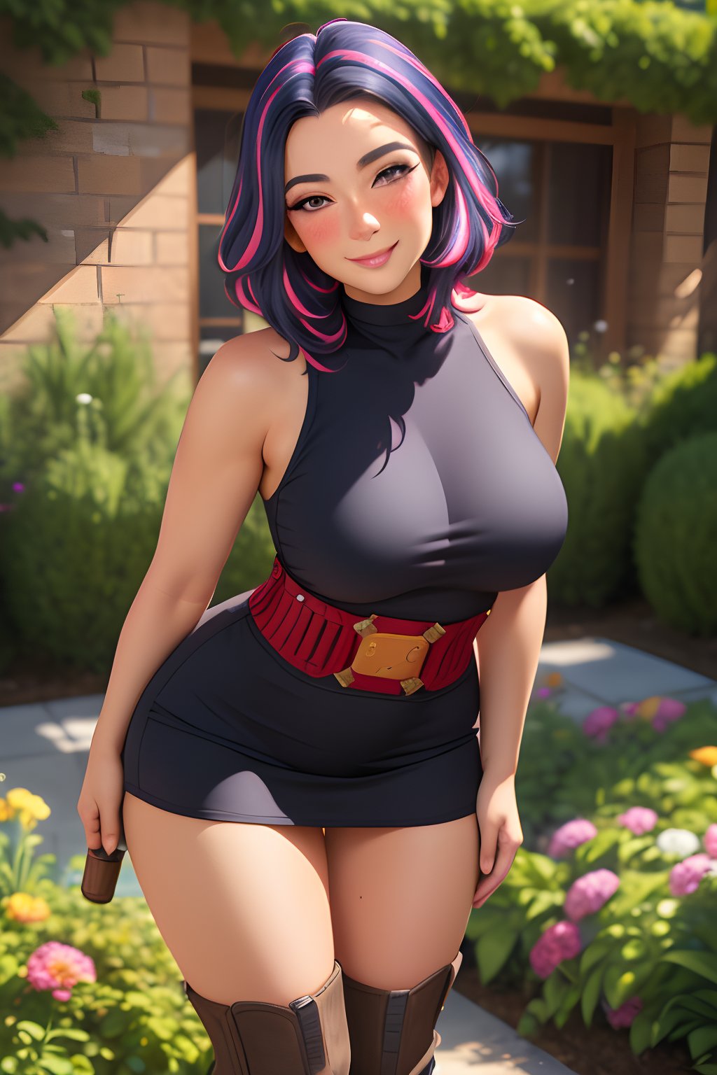 (best quality, ultra detailed), ((full-face blush)), (detailed background:1.2), (perfect face, detailed face), looking at viewer, (mature female:1.4), smile lady_nagant, large breasts, short hair, sleeveless, streaked hair, bare shoulders, medium hair, belt, dress, pink hair, boots(garden, outdoors, standing, arms behind back, leaning forward, )   