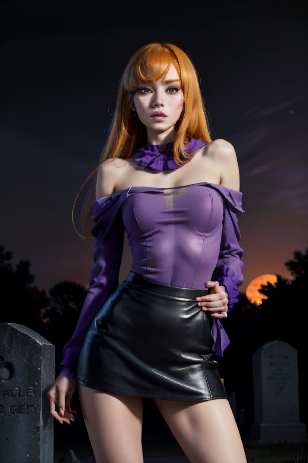 1girl, solo, (half body shot:1.3),  daphne-v2, orange hair, purple eyes, ((happy)), (,  fakebreasts), intricate, absurdres, highest quality, extremely detailed, detailed eyes:1.3, masterpiece, 8k UHD, 4k HDR, RAW photograph, (film grain), midnight purple dress, headband, green scarf,  EdobChurchCemeteryCreepyNight, church, cemetery, black sky, in the dark, with a full moon