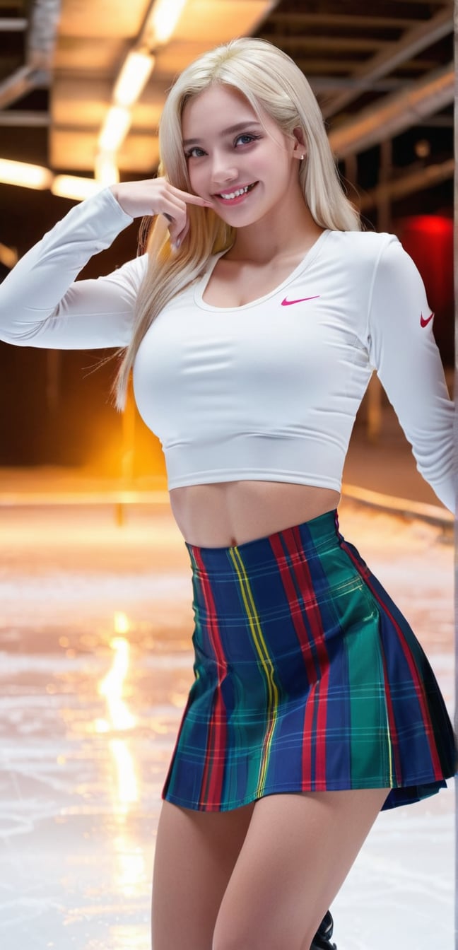 4k,best quality,masterpiece,1 american girl, a girl,blond hair, 18-year old beautiful European girl onlyfans model, 1girl with bioluminescent (ice skating:1.2), dynamic pose, realistic, concept art, galaxy, 1girl, solo, looking at viewer, close mouth,blond_hair, yellow eyes, white hair, male focus, multicolored hair, two-tone hair, grey eyes, heterochromia, pointing, split-color hair (highly clear face,very cute,Extremely cure beauty,Sexy self-confidence,proud and independent,Clear perfect eyes,phenomenal aesthetic,Amazing photos),Cinematic Lighting,narrow_waist,slender face,skinny,street at night,red plaid pleated skirt,long hair,(sexy transparent Nike logo white shirt:1.1)
, smile,, (oil shiny skin:1.0), (big_boobs:1.6), willowy, chiseled,random sexy poses,(hunky:2.5),(( body rotation 90 degree)), (perfect anatomy, prefecthand, dress, long fingers, 4 fingers, 1 thumb), 9 head body lenth, dynamic sexy pose, breast apart, (artistic pose of awoman),