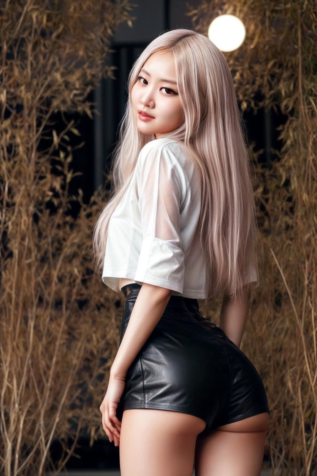 ((Generate hyper realistic image of  captivating scene featuring a stunning 22 years old Korean girl)), with long white hair, semi side view, donning a black leather shorts and a trendy black tee with sleeves rolled up, piercing, brown eyes, photography style , Extremely Realistic,  ,photo r3al,photo of perfecteyes eyes,realistic,leather,Masterpiece