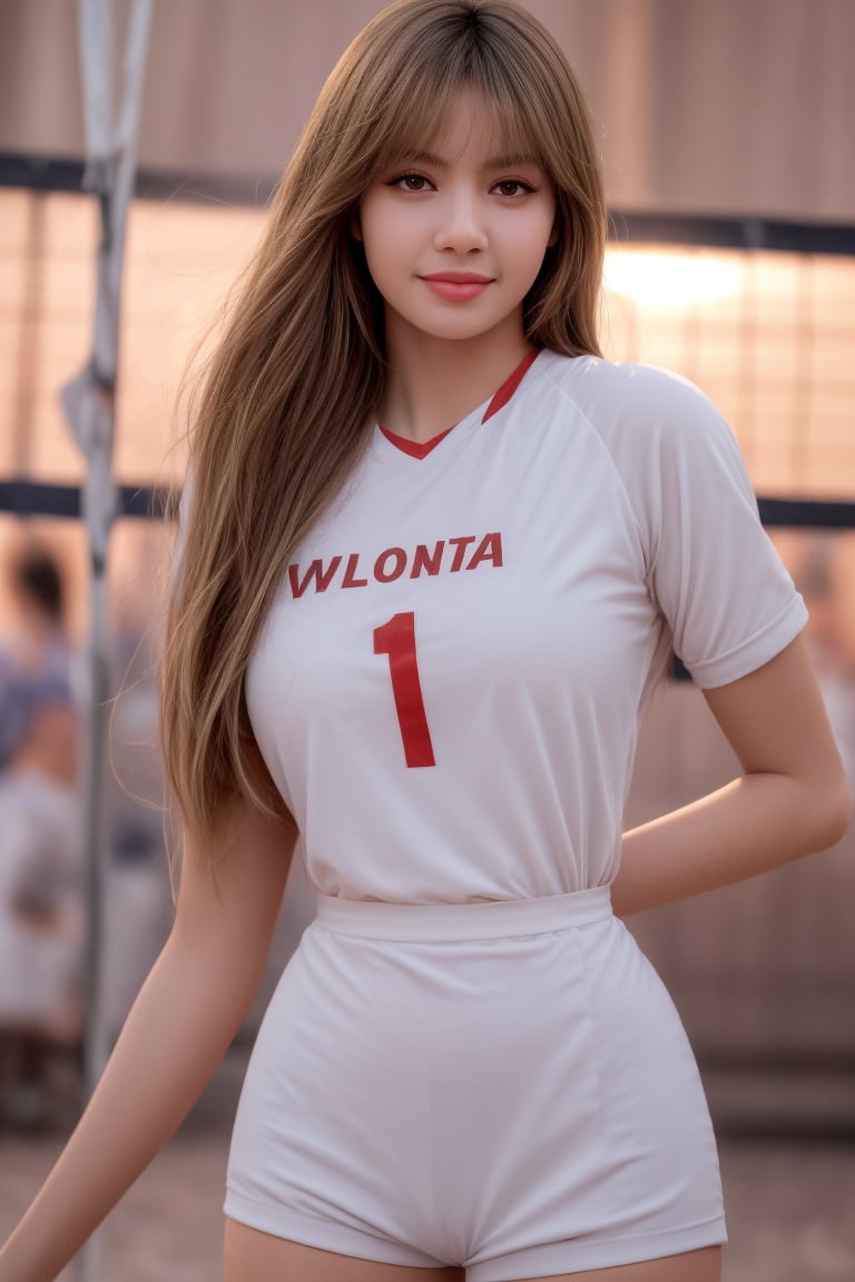 16K, HDR, masterpiece, a girl, (((brown hair, volleyball outfit))). Half-length side view, anime style illustration with hyper-realistic details, symmetrical face, provocative eyes and soft smile. Enhanced cinematic lighting, lens flare and bokeh effects. Influenced by the art of H.R. Giger and Beksinski, presented in pastel watercolors and vivid tones.,High detailed ,1 girl,lisa