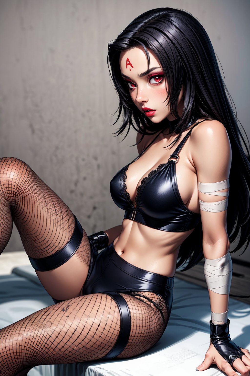 nar_kurenai_yuhi,forehead protector,bandages,sarashi,red eyes,makeup,lipstick,ninja,lipstick,fishnets,sitting,