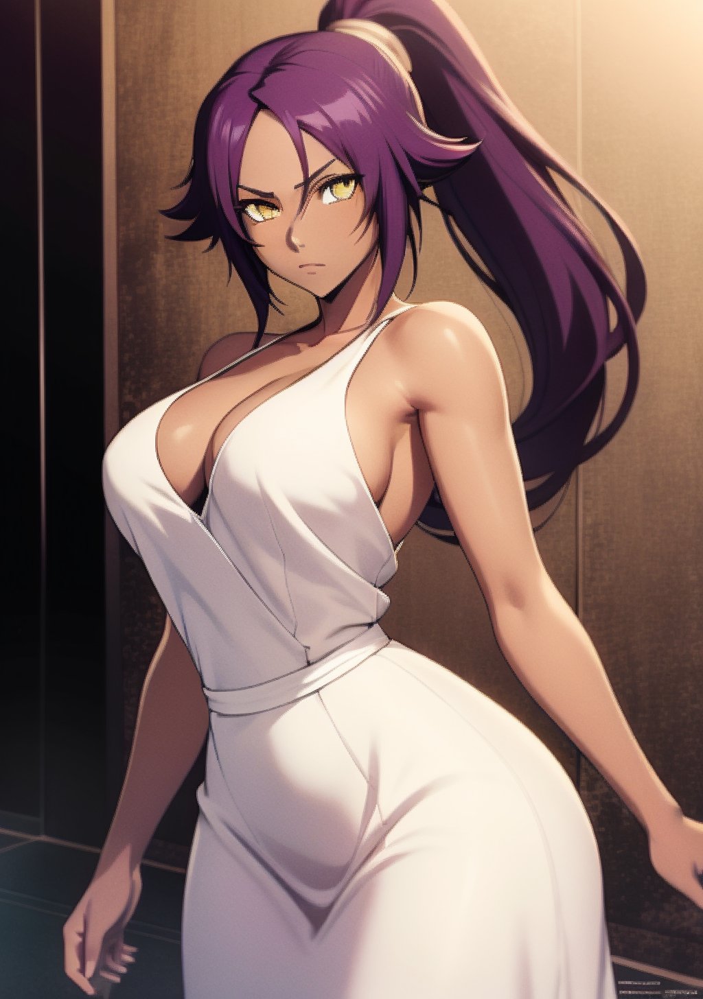  1girl, Yoruichi_Bleach, yellow eyes, ((Yoruichi Shihouin)), curvy_figure, white dress, perfect eyes, masterpiece, best quality, 4K, HDR, cinematiclighting,Yoruichi_Bleach,photorealistic,