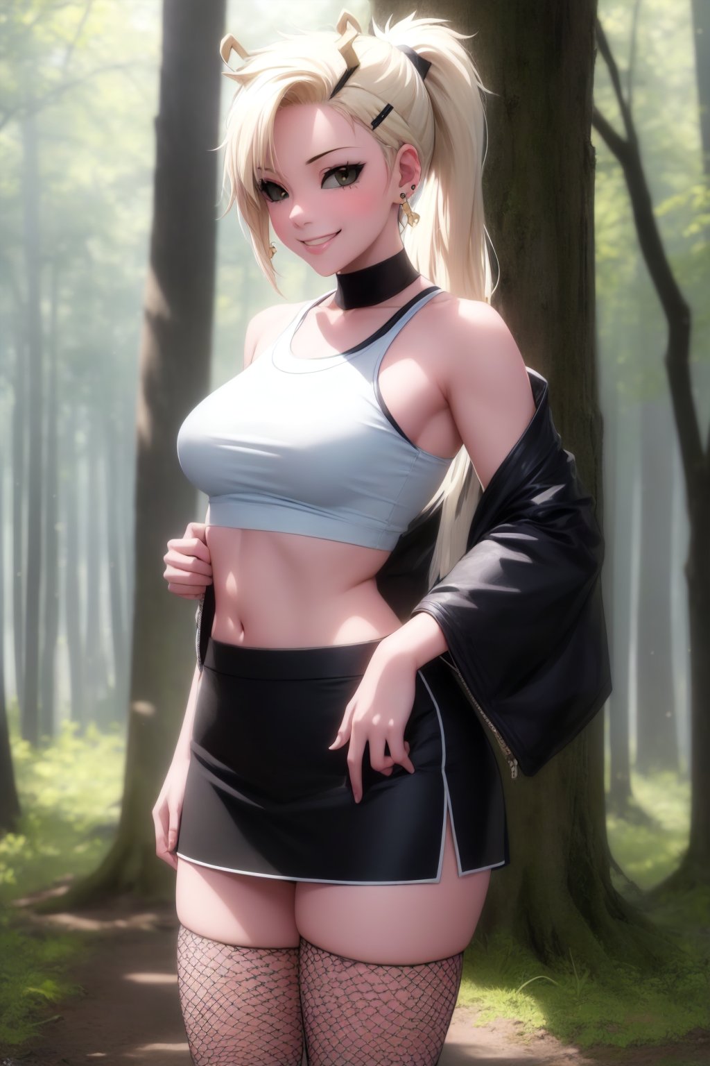 (masterpiece, best quality:1.2), solo, 1girl, yamanaka ino, smile, looking at viewer, hair over one eye, ponytail, hairclip, crop top, skirt, fishnets, earrings, midriff, forest ,yamanaka ino,clothing_inner_view